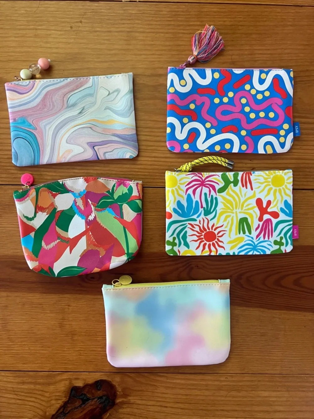 Ipsy lot of 5 Colorful Patterned Glam Bags in  whimsical patterns